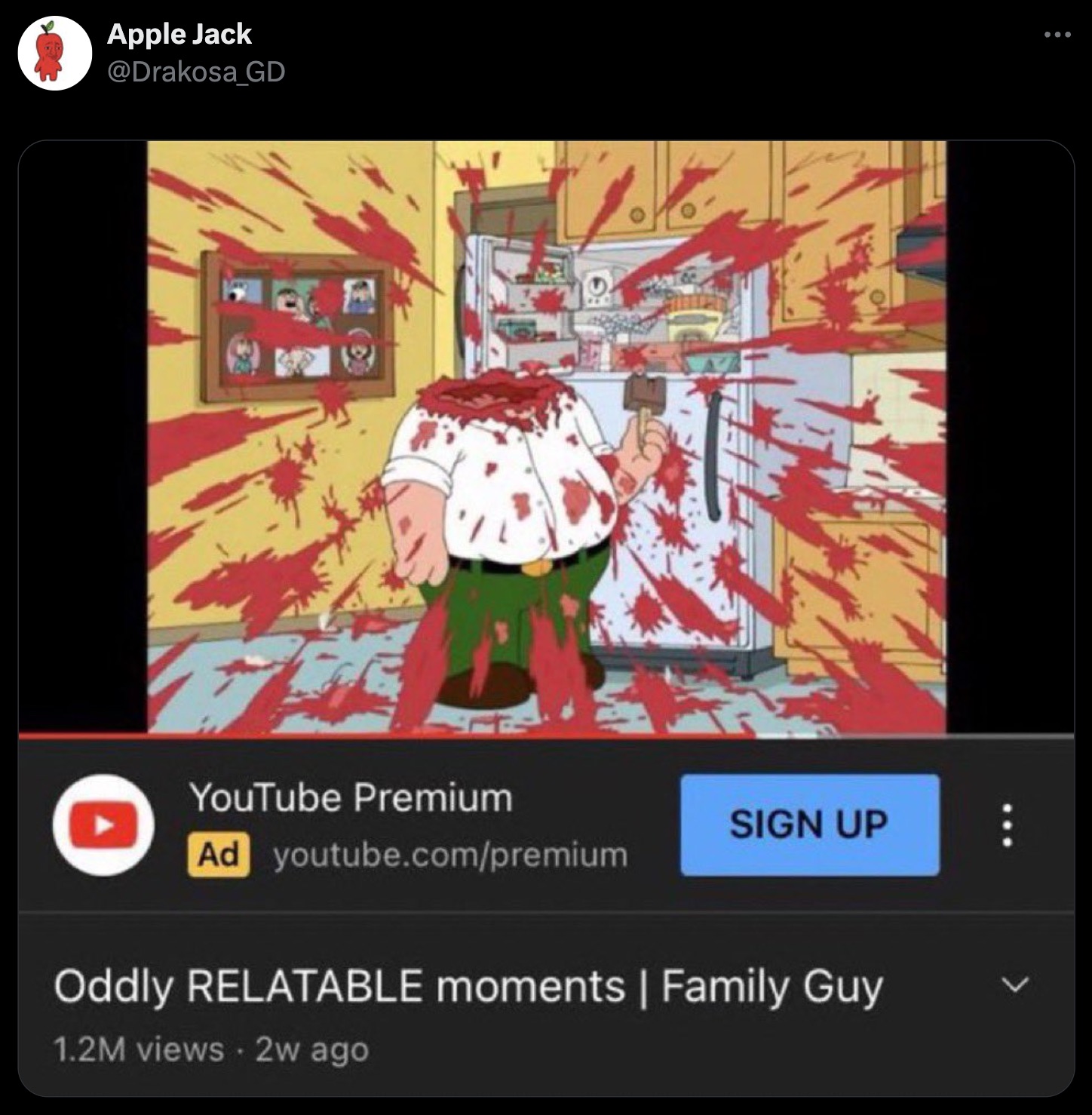 screenshot - Apple Jack YouTube Premium Ad youtube.compremium Sign Up Oddly Relatable moments | Family Guy 1.2M views 2w ago